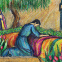 Color Pencil Painting of Jesus Christ Kneeling and Praying in the Garden of Gethsemane